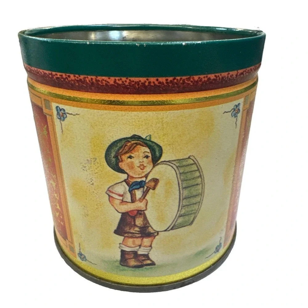 Vintage Hummel Style Figurine Designs Litho Metal Tin Can ONLY Storage Container